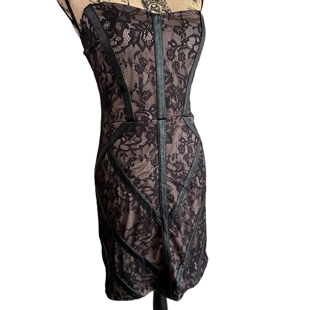VTG 90s 2B Bebe Black Lace Faux Leather Mini Dress Size XL